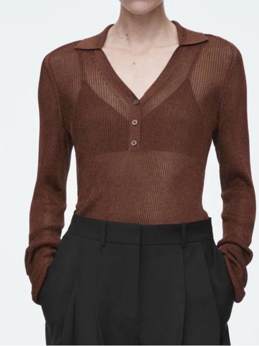 🥮New Cos copper sparkle rib knit sheer botton collar long sleeve top size small